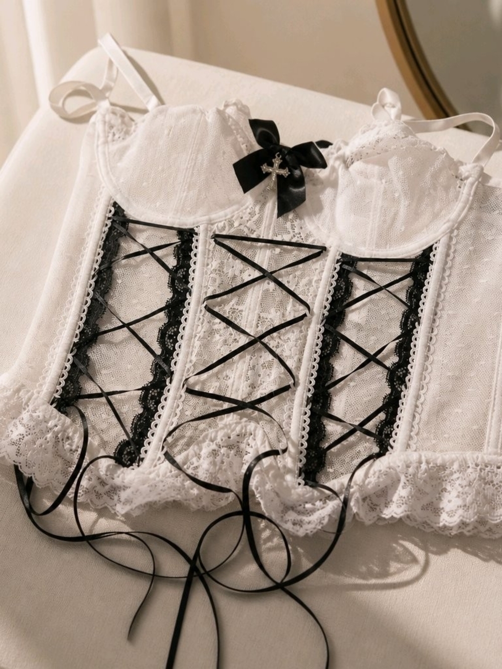 White Lace Corset Camisole with Black Ribbon Accents